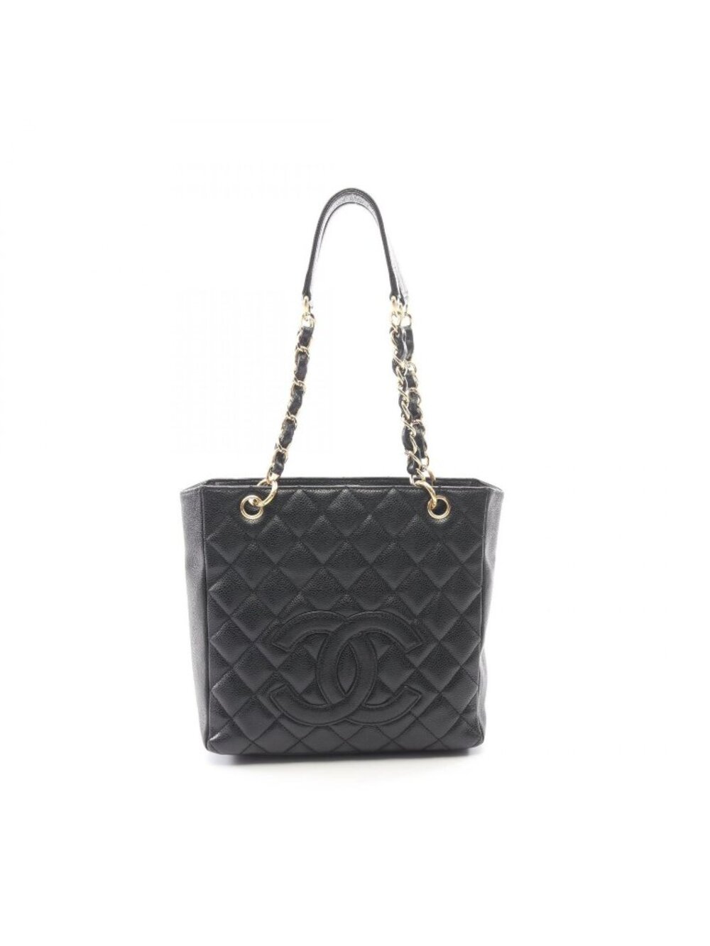 Chanel Tote Bag Quilted Petite Shopping PST Black Caviar Leather Chain